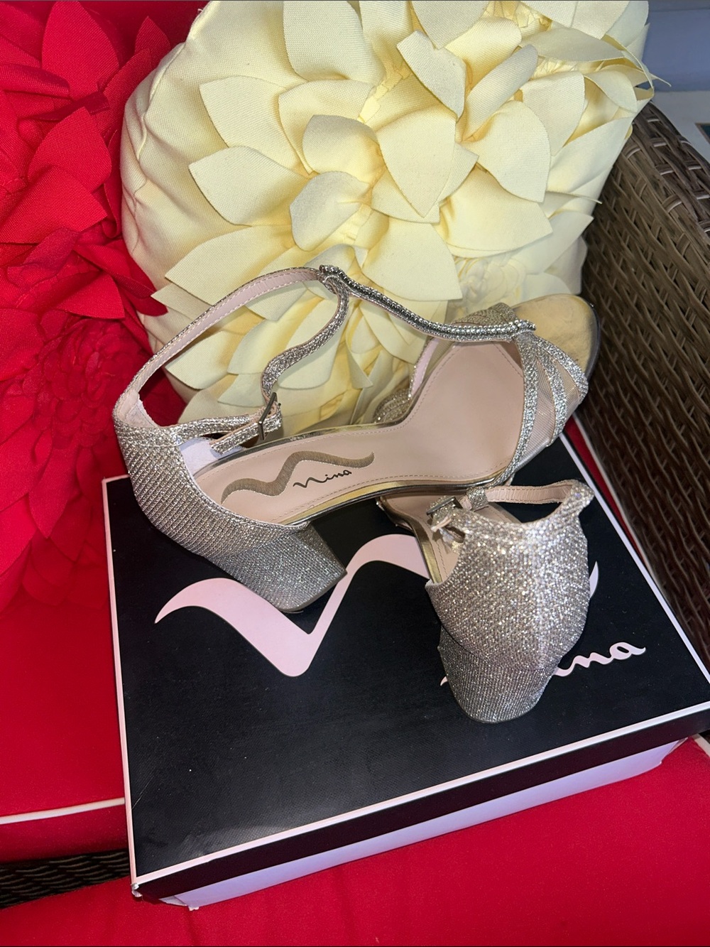 Nina Glitter T-Strap Evening Heels in Champagne Gold - Picture 3 of 7